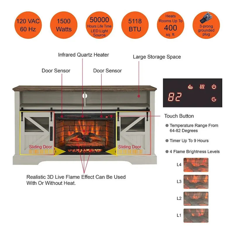 60 In. TV Stand for TVs up to 70 In. with Electric Fireplace