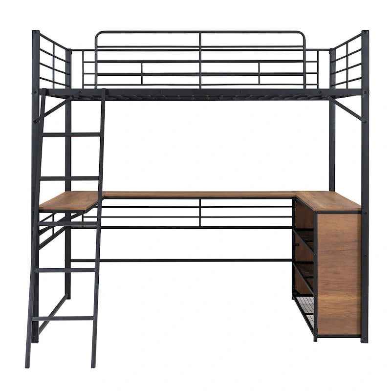 Full Size Metal Loft Bed with 3 Layers of Shelves and L-Shaped Desk, Black