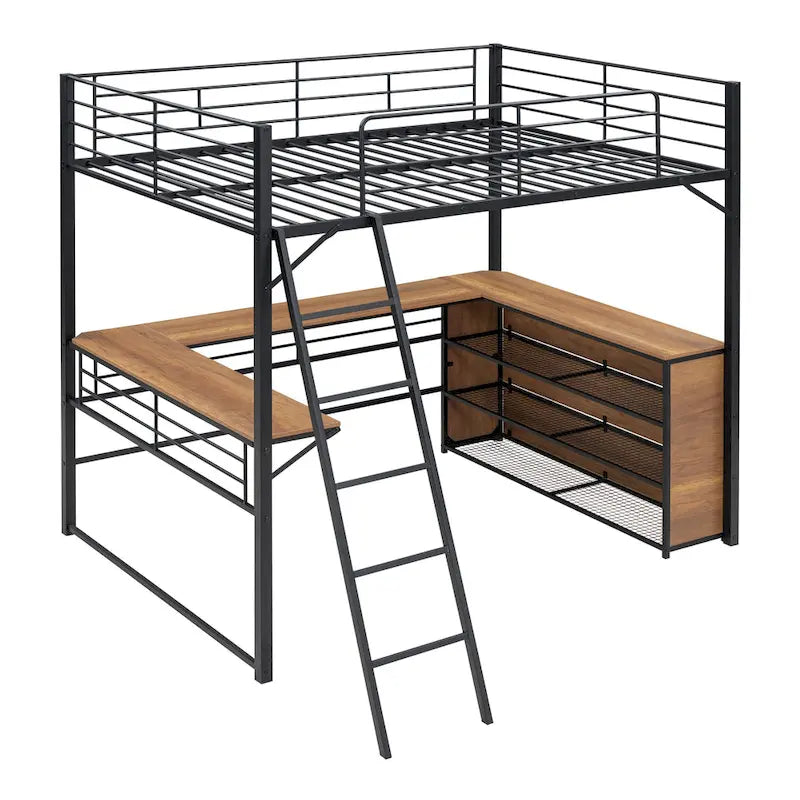 Full Size Metal Loft Bed with 3 Layers of Shelves and L-Shaped Desk, Black