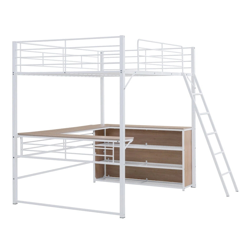 Full Size Metal Loft Bed with 3 Layers of Shelves and L-Shaped Desk, Black