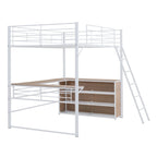 Full Size Metal Loft Bed with 3 Layers of Shelves and L-Shaped Desk, Black