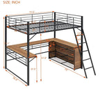 Full Size Metal Loft Bed with 3 Layers of Shelves and L-Shaped Desk, Black