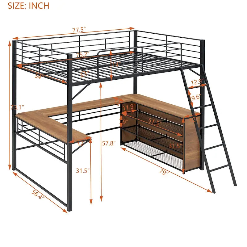 Full Size Metal Loft Bed with 3 Layers of Shelves and L-Shaped Desk, Black
