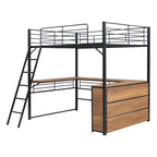 Full Size Metal Loft Bed with 3 Layers of Shelves and L-Shaped Desk, Black