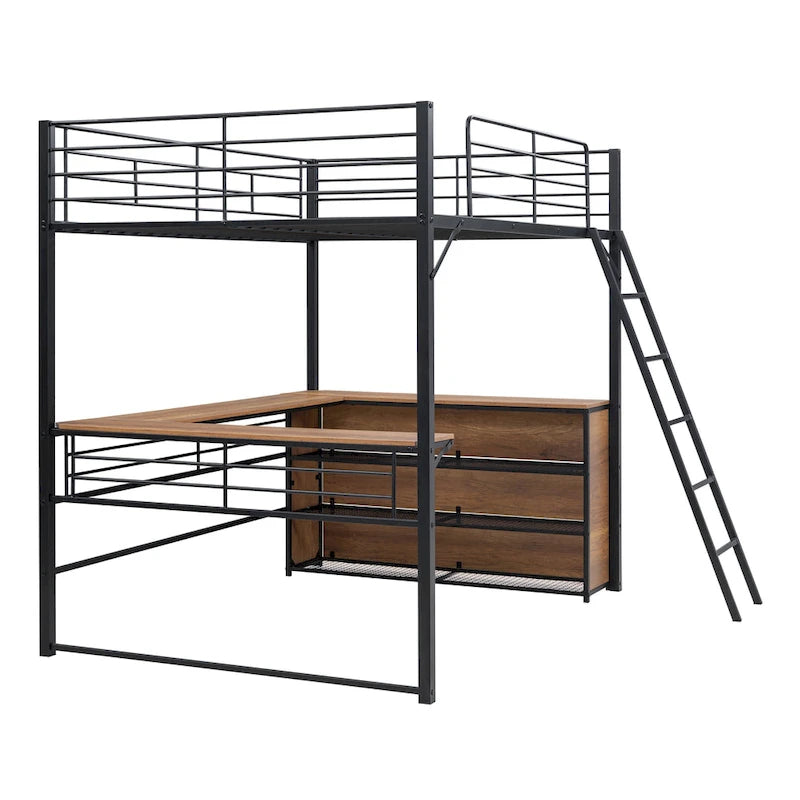 Full Size Metal Loft Bed with 3 Layers of Shelves and L-Shaped Desk, Black