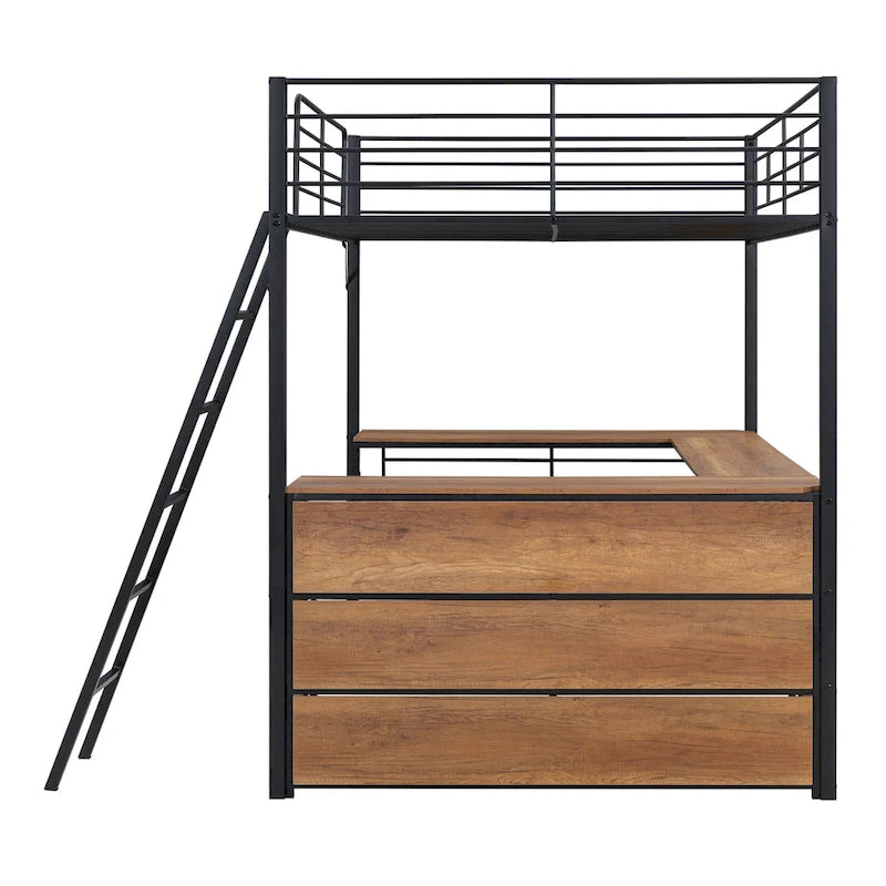 Full Size Metal Loft Bed with 3 Layers of Shelves and L-Shaped Desk, Black