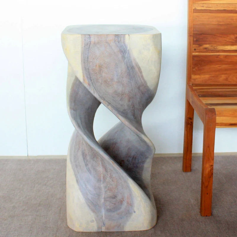 Wood Double Twist Stool Table 14 in Sq X 30 in H Grey Oil - 14 X 14 X 30