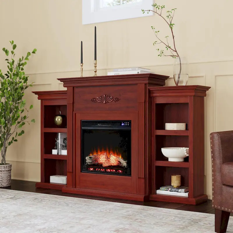 70-inch Mahogany Electric Fireplace with Bookshelves