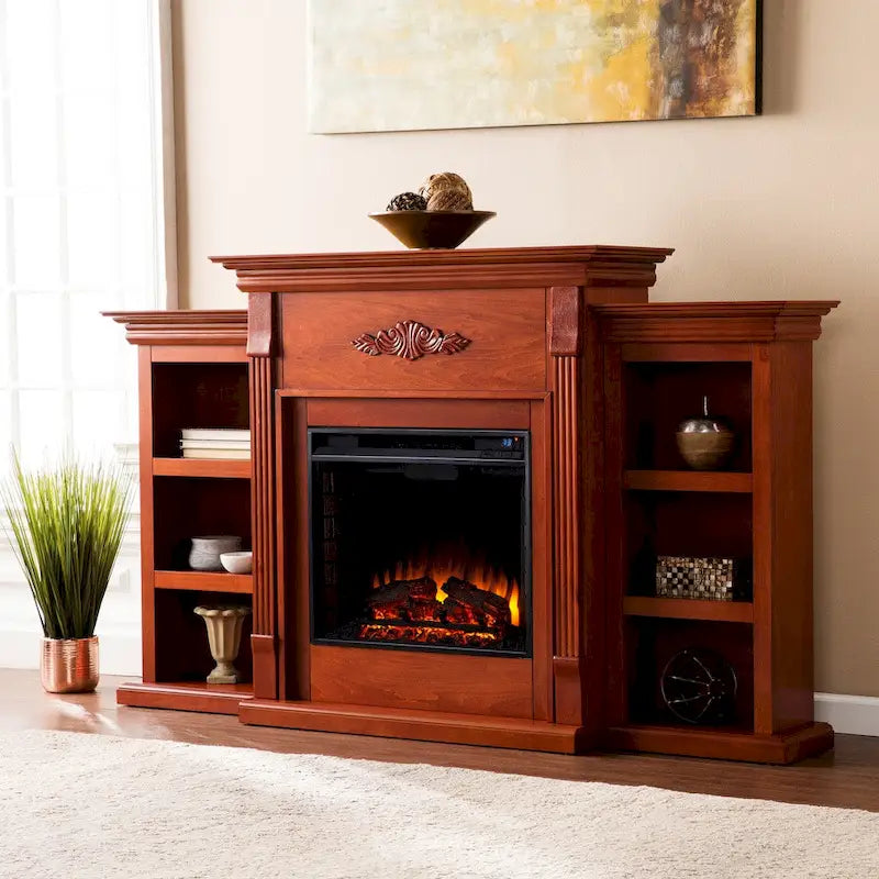 70-inch Mahogany Electric Fireplace with Bookshelves