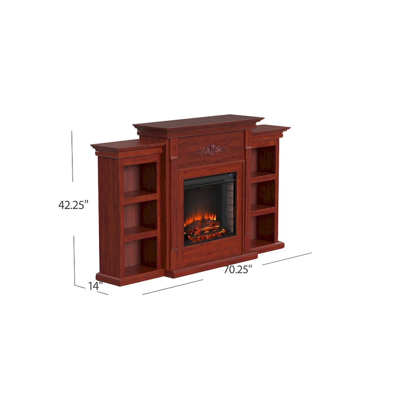 70-inch Mahogany Electric Fireplace with Bookshelves