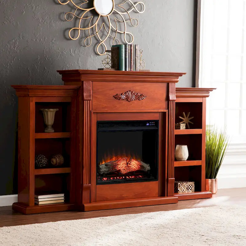 70-inch Mahogany Electric Fireplace with Bookshelves