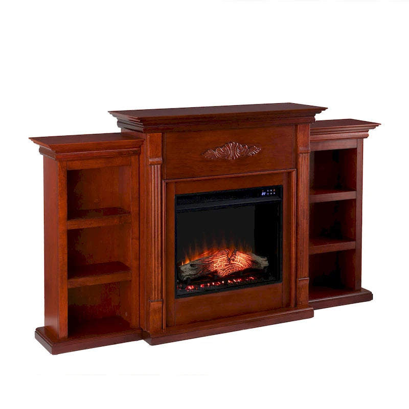 70-inch Mahogany Electric Fireplace with Bookshelves