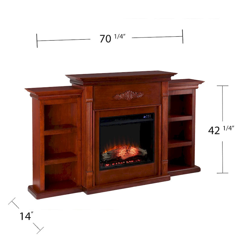 70-inch Mahogany Electric Fireplace with Bookshelves