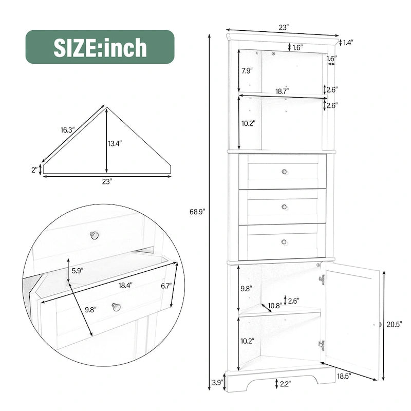 Cabinet with 3 Drawers and Adjustable Shelves for Bathroom,