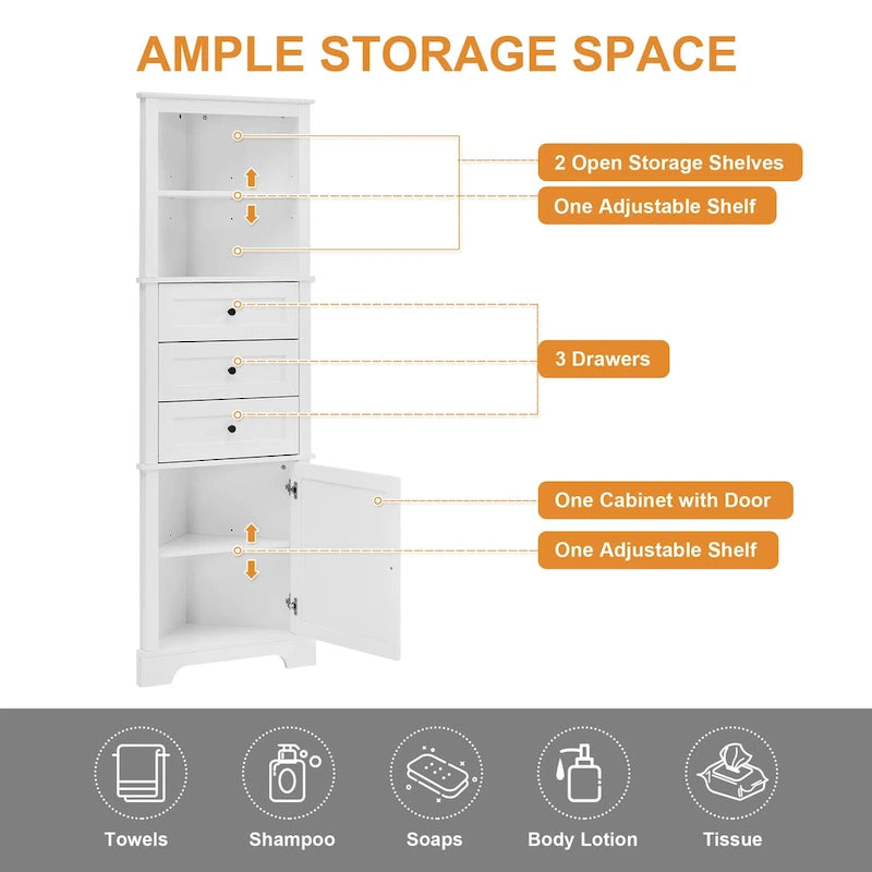 Cabinet with 3 Drawers and Adjustable Shelves for Bathroom,