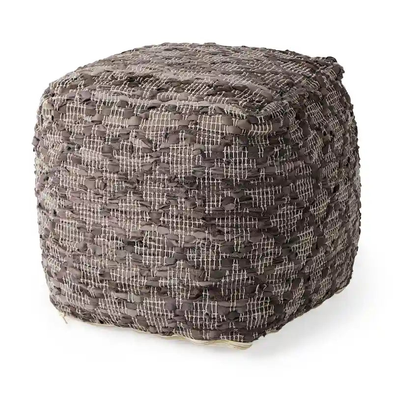 Grey Patterned Leather and Cotton Square Pouf