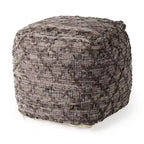 Grey Patterned Leather and Cotton Square Pouf