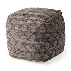 Grey Patterned Leather and Cotton Square Pouf