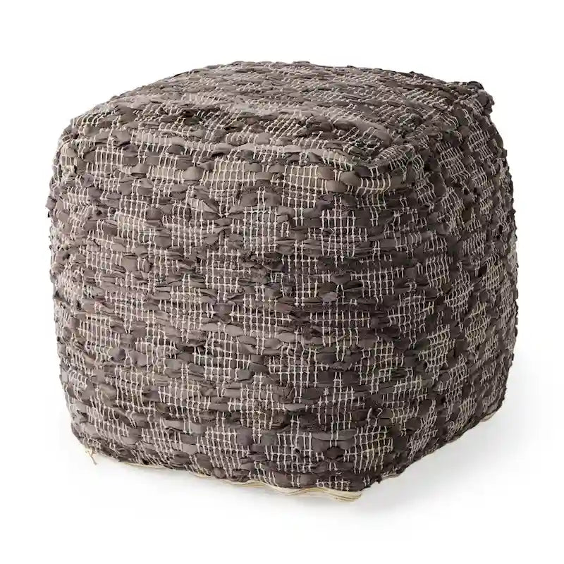 Grey Patterned Leather and Cotton Square Pouf