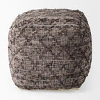 Grey Patterned Leather and Cotton Square Pouf