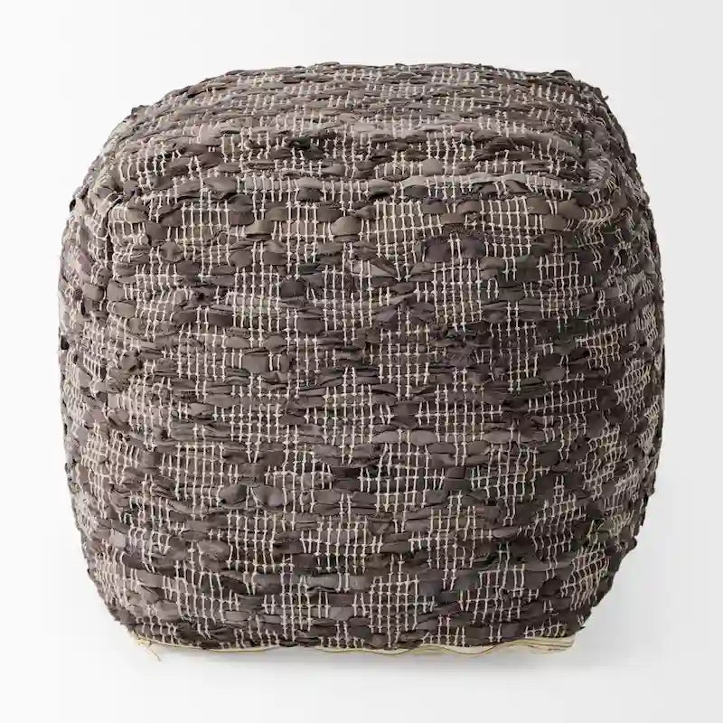Grey Patterned Leather and Cotton Square Pouf