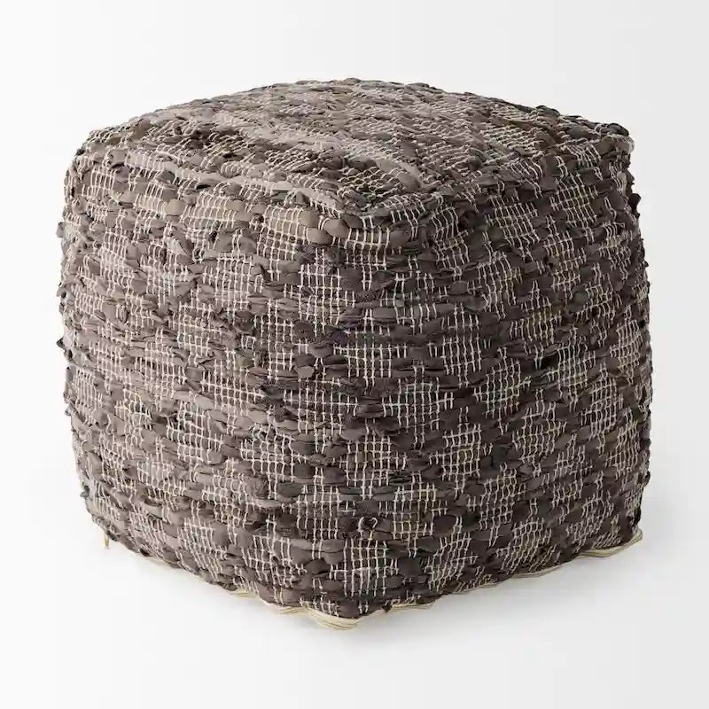 Grey Patterned Leather and Cotton Square Pouf