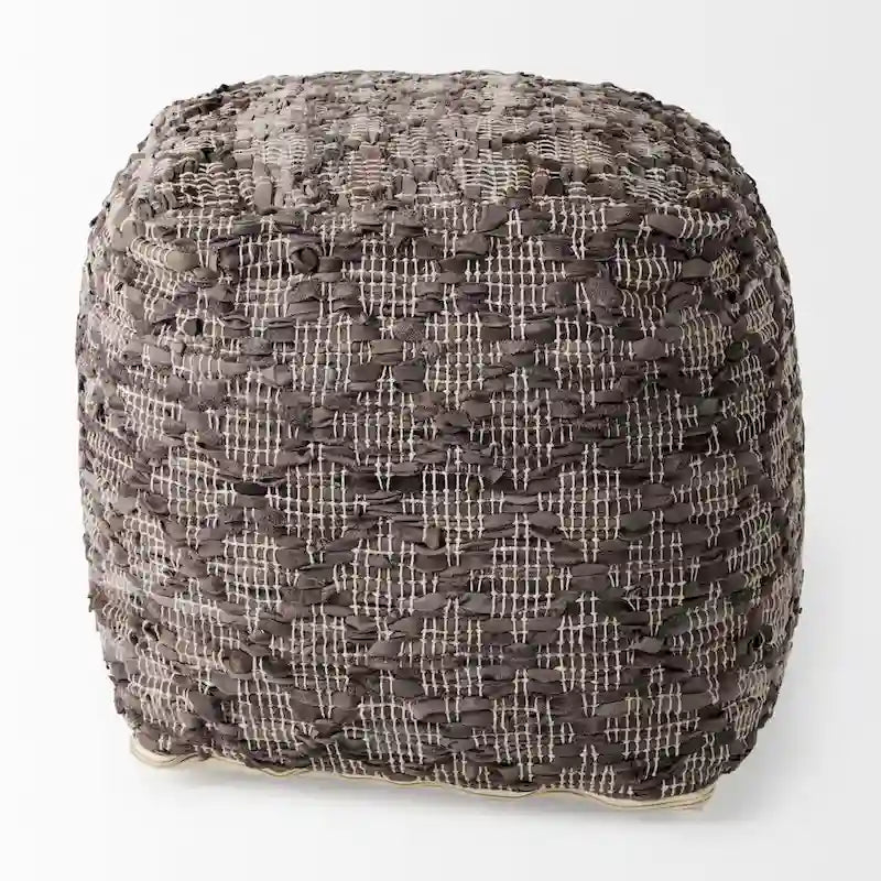 Grey Patterned Leather and Cotton Square Pouf