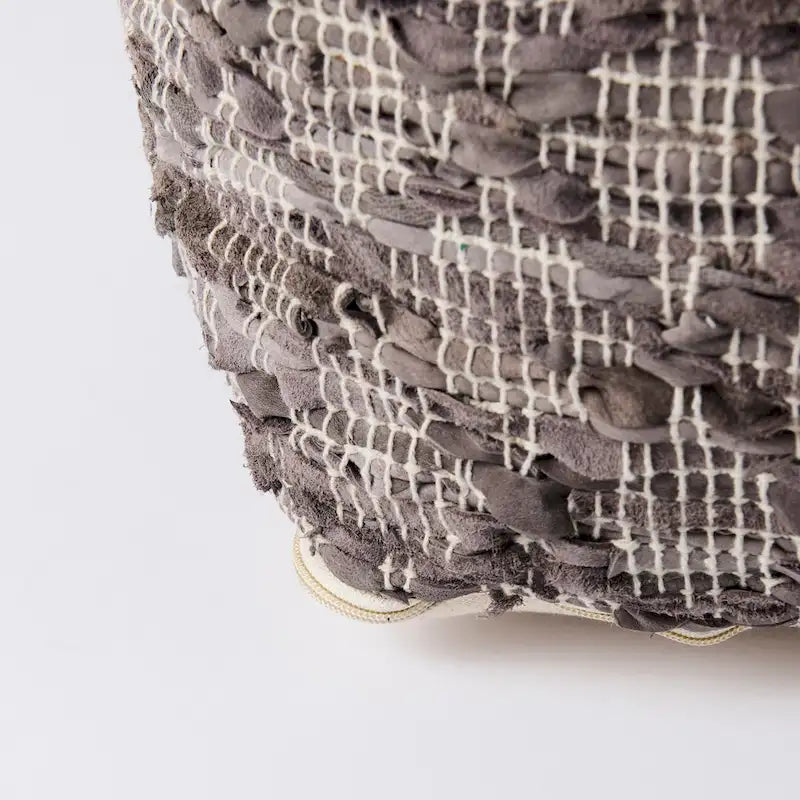 Grey Patterned Leather and Cotton Square Pouf