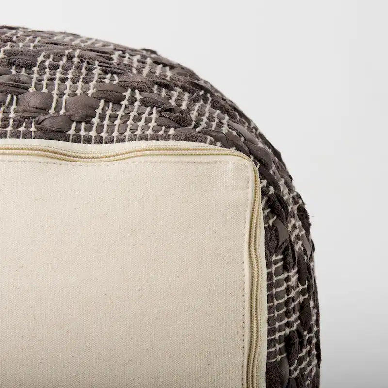 Grey Patterned Leather and Cotton Square Pouf