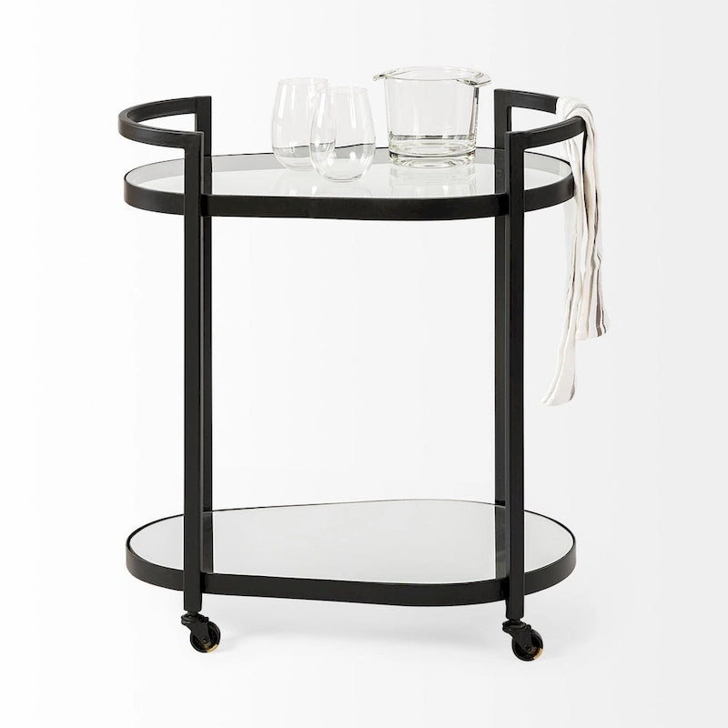 Black Metal Frame Two-Tier with Glass Shelves Bar Cart