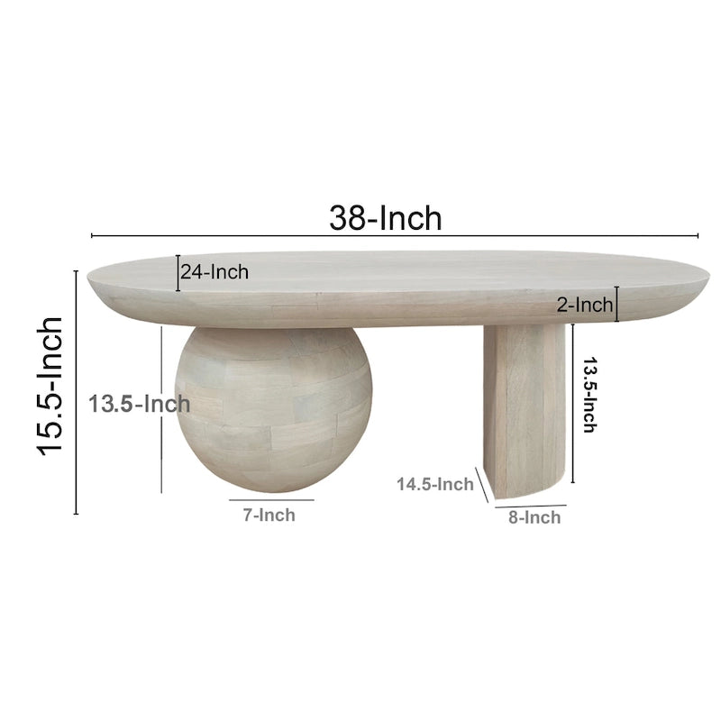 38 Inch Coffee Table, Oblong Mango Wood Top with a Modern Ball Leg