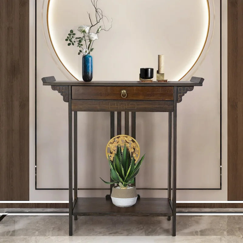 Bamboo Console Table with Drawer, 32 x 13 x 33 Inches