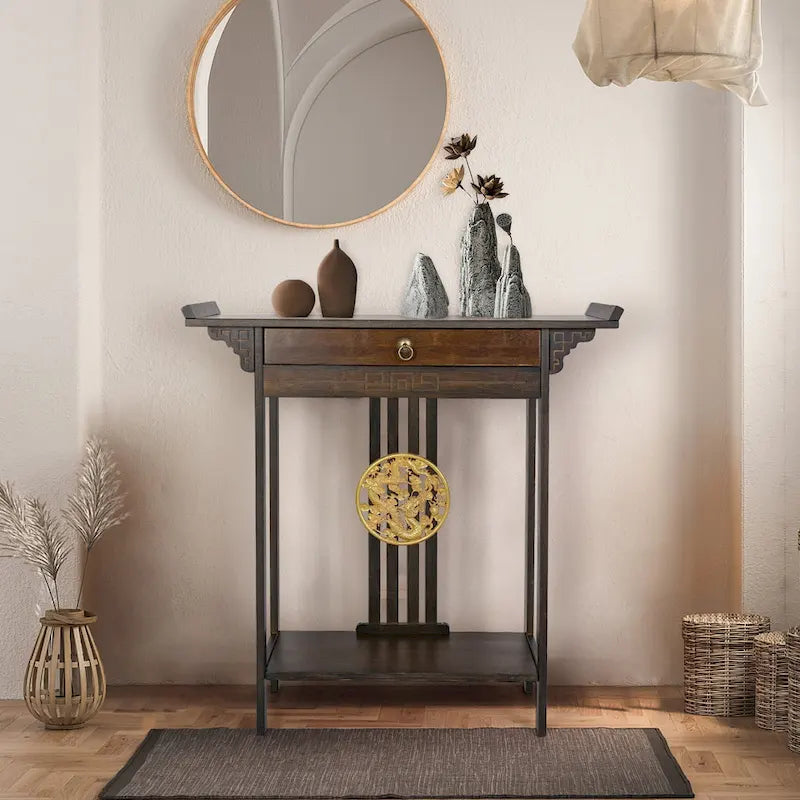 Bamboo Console Table with Drawer, 32 x 13 x 33 Inches