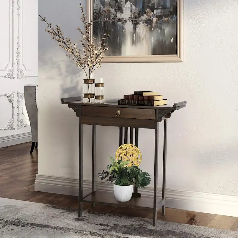 Bamboo Console Table with Drawer, 32 x 13 x 33 Inches