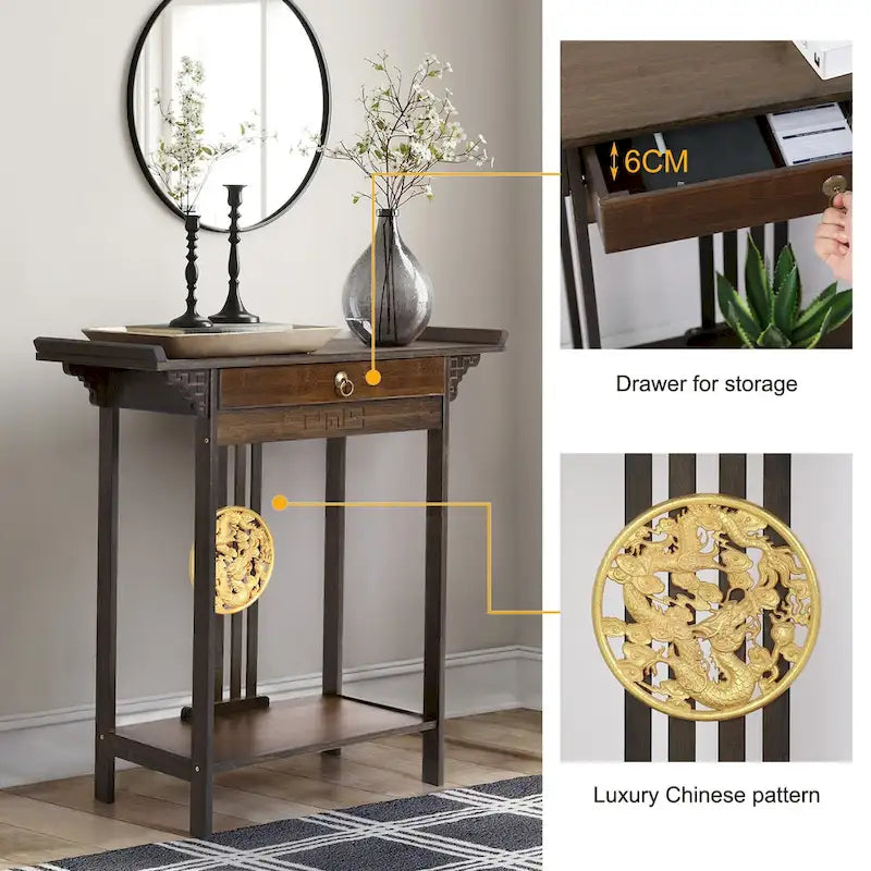 Bamboo Console Table with Drawer, 32 x 13 x 33 Inches