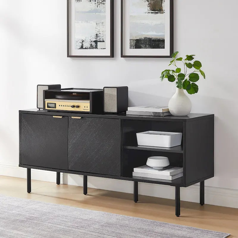 Record Storage Sideboard with Chevron Oak-Grain Doors