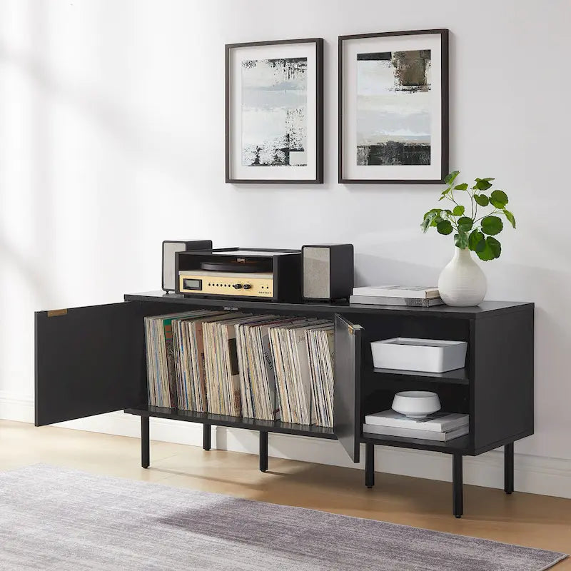 Record Storage Sideboard with Chevron Oak-Grain Doors