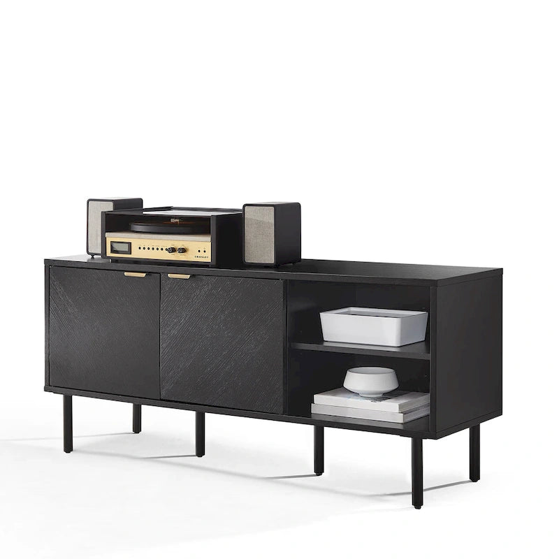 Record Storage Sideboard with Chevron Oak-Grain Doors