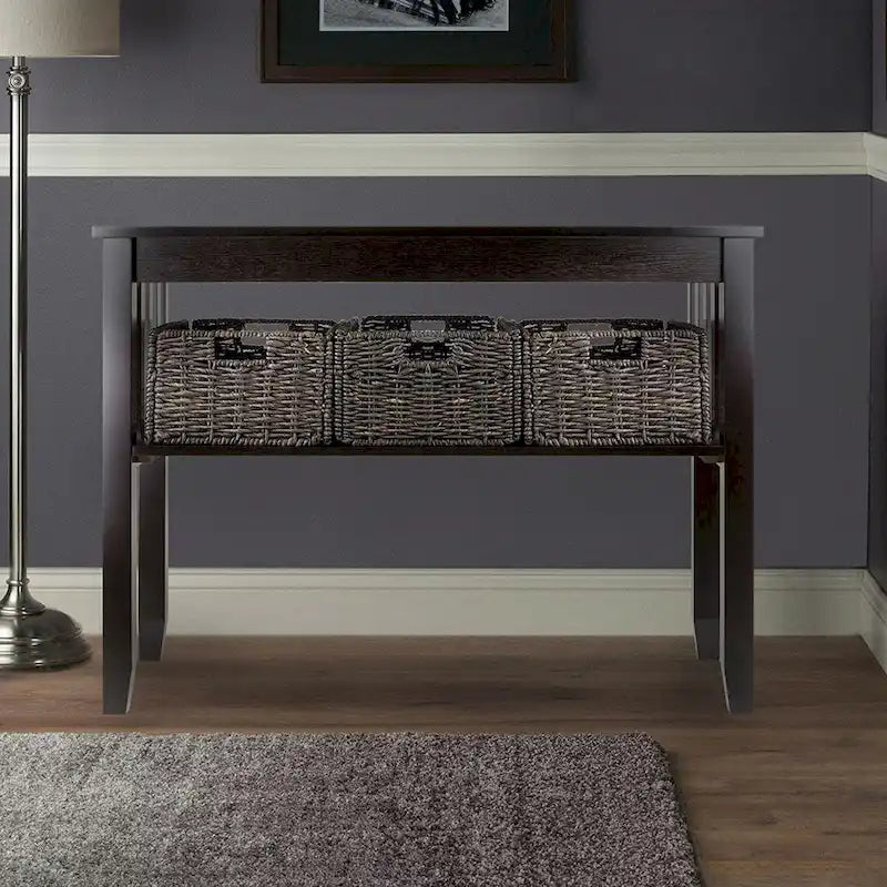 Espresso 2-Tier Console Table with 3 Storage Baskets