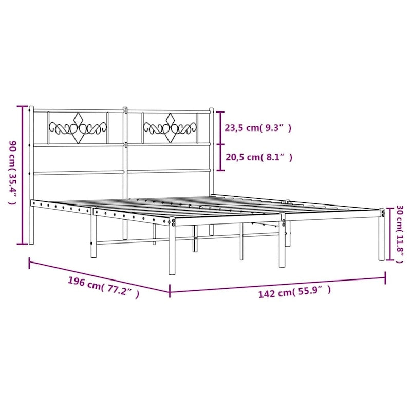 White Full Size Metal Bed Frame, 77.2 x 55.9 x 35.4 Inches