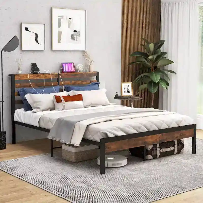 Full Industrial Metal Platform Bed Frame Charging Station