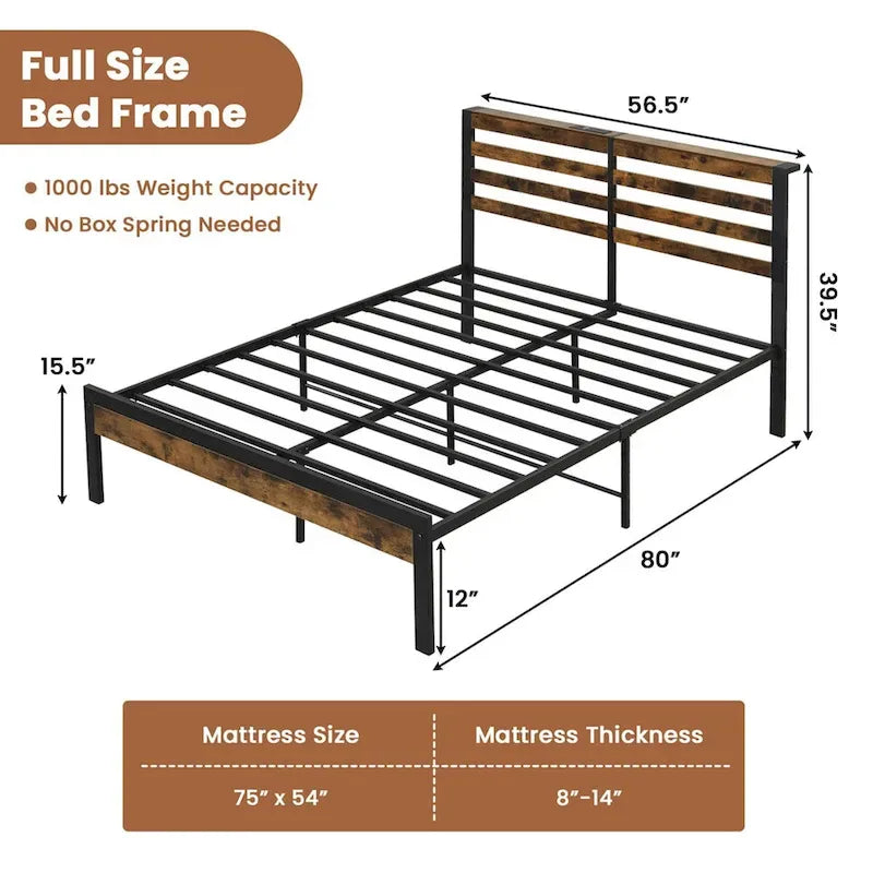 Full Industrial Metal Platform Bed Frame Charging Station