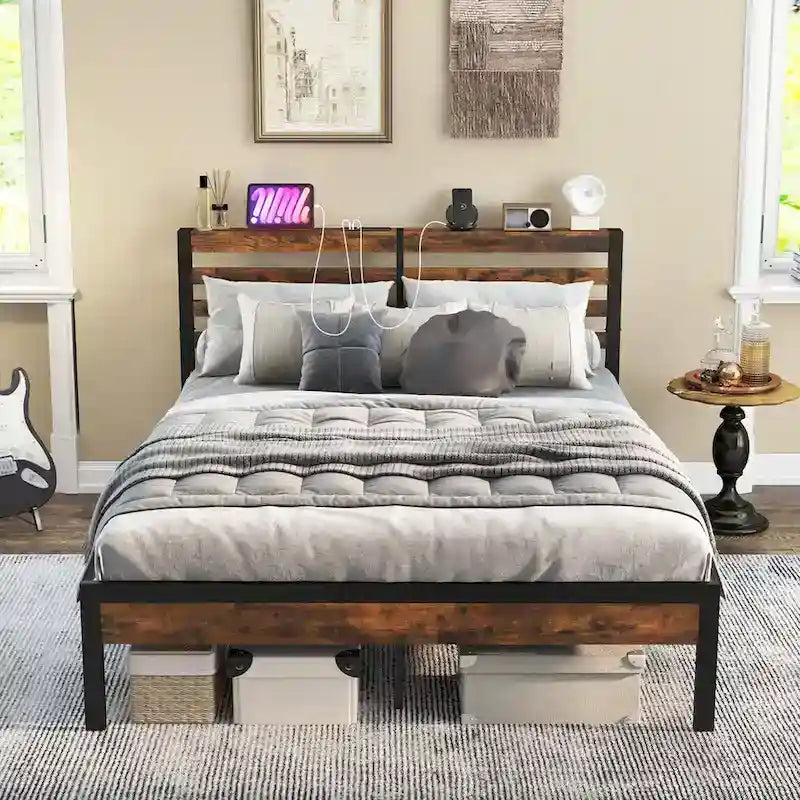 Full Industrial Metal Platform Bed Frame Charging Station