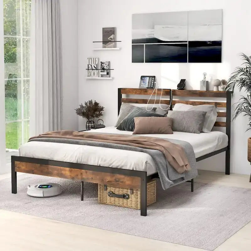 Full Industrial Metal Platform Bed Frame Charging Station
