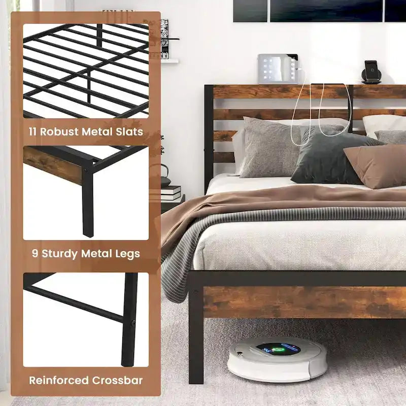 Full Industrial Metal Platform Bed Frame Charging Station