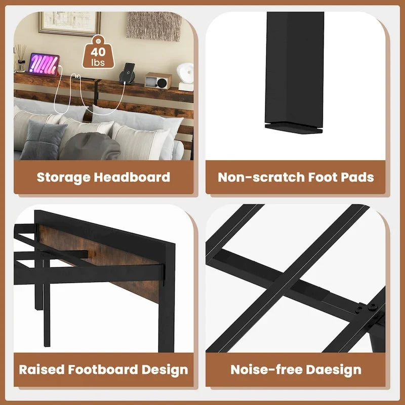 Full Industrial Metal Platform Bed Frame Charging Station