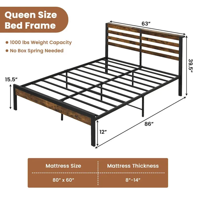 Full Industrial Metal Platform Bed Frame Charging Station