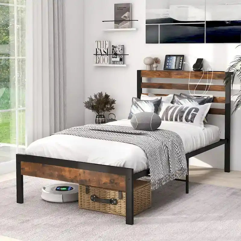 Full Industrial Metal Platform Bed Frame Charging Station
