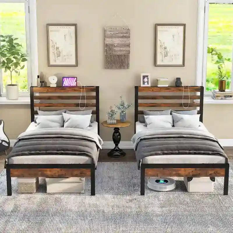 Full Industrial Metal Platform Bed Frame Charging Station