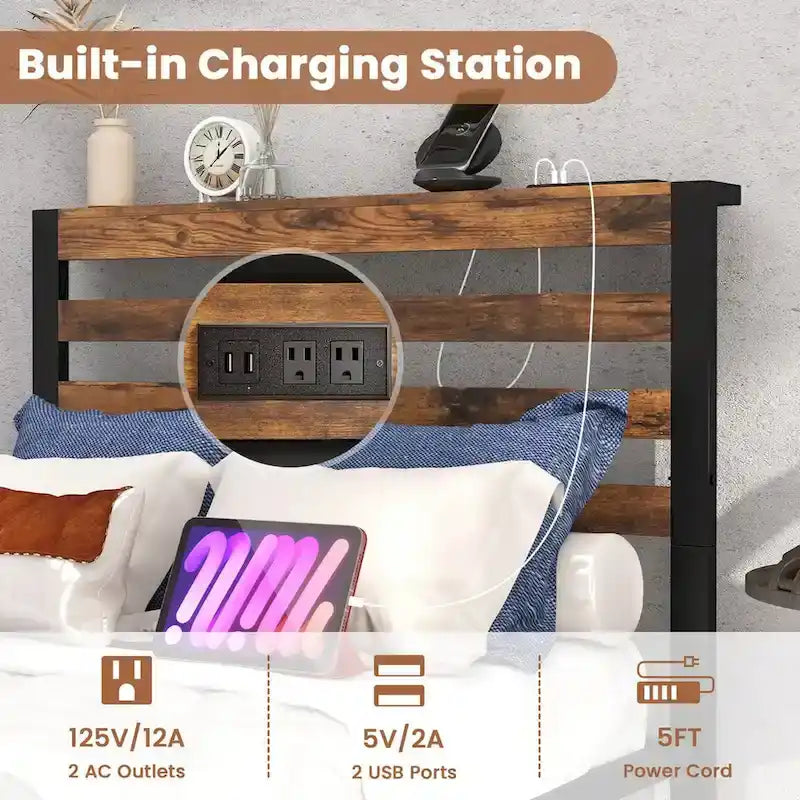 Full Industrial Metal Platform Bed Frame Charging Station